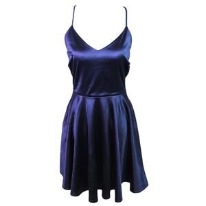 Winsdor Navy Blue Satin Silky Slip Dress Mini Strappy V Neck Fit & Flare Medium